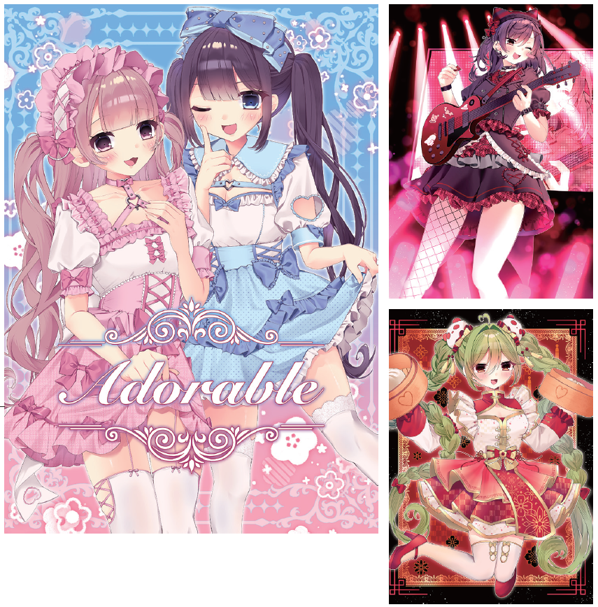 卒業制作2025_優秀賞|【Adorable】1980年代に少女風のスタイルが流行後、誕生したロリータファッションの基本的なコーデを纏った女の子のイラストと、ただフリ ルを沢山纏ったロリータではなく、色々なモチーフが混ざり、より可愛くなった衣装と、その衣装を纏ったキラキラした女の子を見て欲しいです。端から端まで全て可愛くなるようにしました。